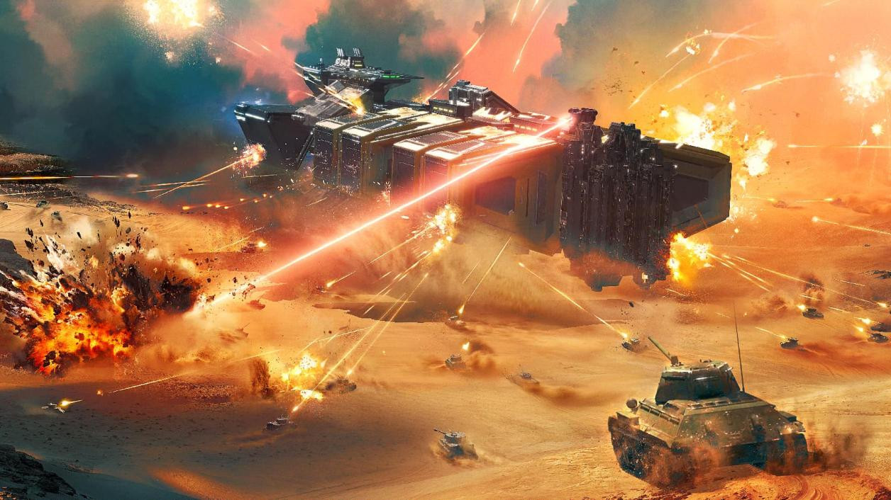 联动主视觉图：一艘银灰色巨型太空母舰悬浮于猩红星球上空，下方平原上数十辆二战至现代主战坦克呈进攻阵型集结，光束炮与坦克炮口火光交映，画面充满压迫感与史诗张力