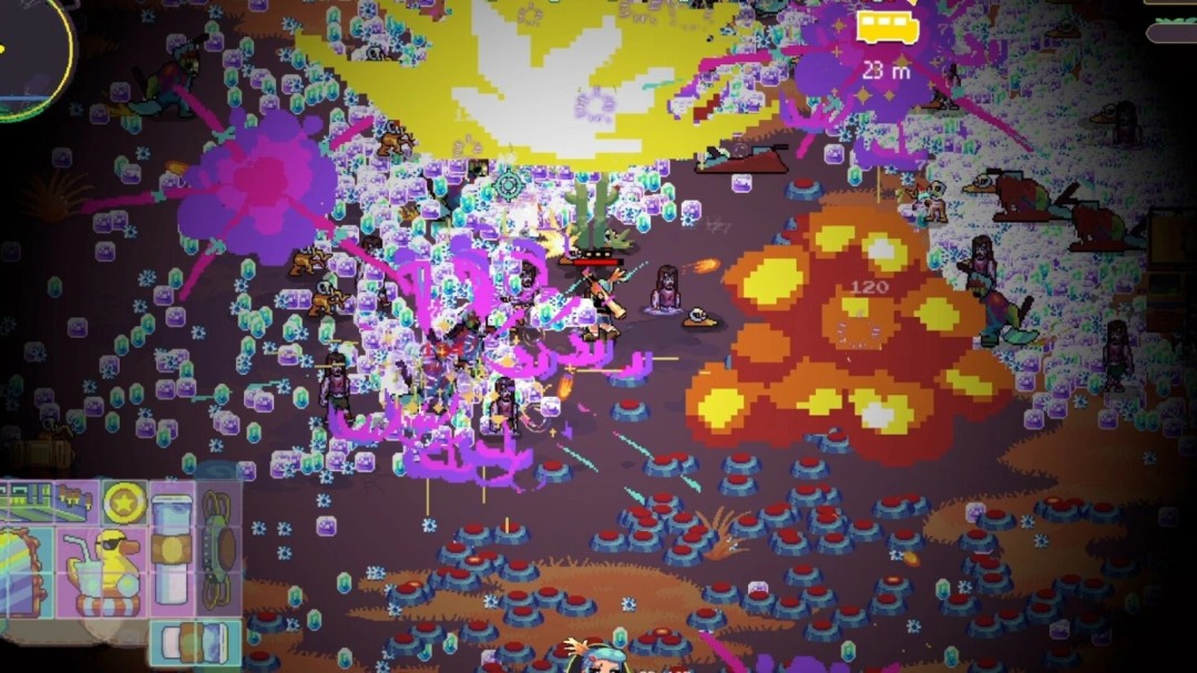 游戏主视觉图：像素风格末日城市废墟，主角手持冒火散弹枪跃下断楼，背景爆炸火光四溅，UI界面显示血量、弹药与撤离倒计时