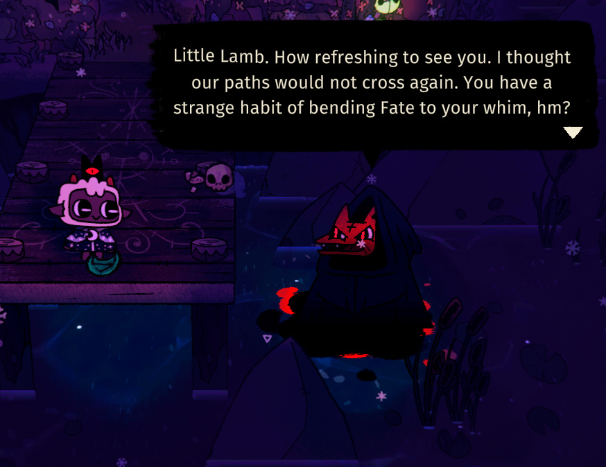 《咩咩启示录》场景截图：阴森小屋内部，烛火摇曳中拉陶背对镜头立于窗边，肩头斗篷随风轻扬，窗外隐约可见嶙峋指节状山岩剪影