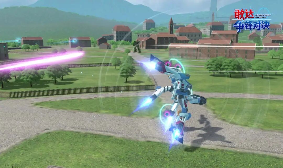 高速位移连招：机体化作银色流光横向闪避，途中两次光束射击+浮游炮短照射，尾迹拉出星芒特效