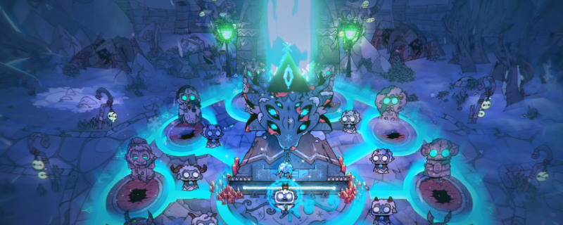 《咩咩启示录》游戏内场景截图：埃韦瀑布边缘，一名身着华服的金发男子惊恐跪地，身体正快速石化为灰白头骨，背景中巨狼高举斧刃逼近，水雾与碎石飞溅，氛围紧张诡谲