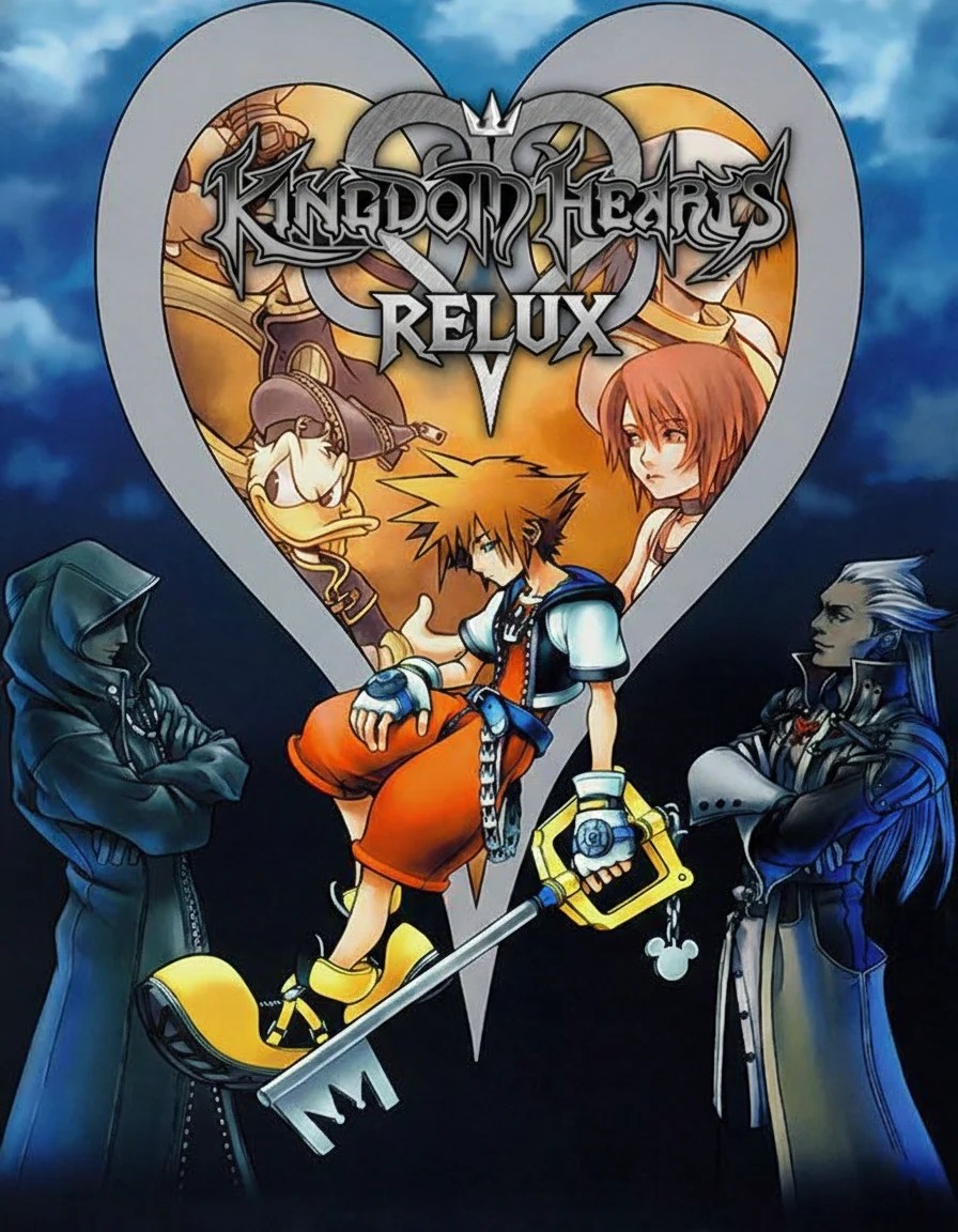 《王国之心》系列经典场景拼贴图：索拉手持键刃立于黄昏镇钟楼顶端，背景融合迪士尼城堡、忘却之城浮空平台与黑暗粒子特效，整体色调梦幻而略带忧郁