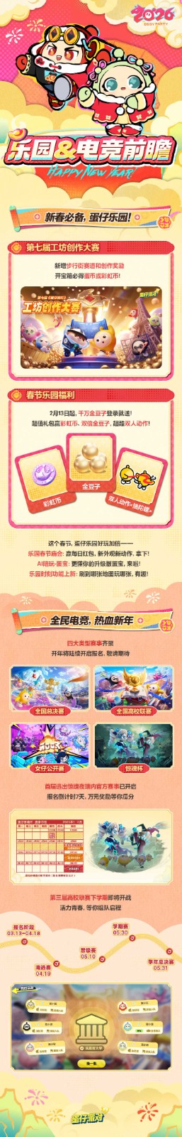 电竞赛事主视觉海报：四位不同风格蛋仔手持武器列阵，背景为擂台与‘新春热血季’发光横幅，氛围炽烈