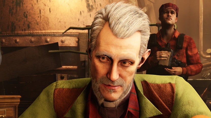 MachineGames工作室标志性场景：昏暗地下指挥室内，全息投影正显示《德军总部》经典纳粹科技蓝图，墙面上悬挂着三部曲游戏封面拼图