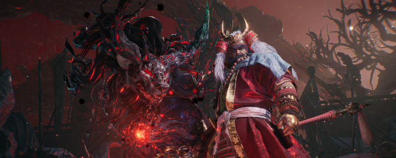 《仁王3》游戏实机画面：主角身着战国铠甲立于血色枫林中，刀锋寒光凛冽，背景弥漫妖气漩涡，氛围肃杀紧张