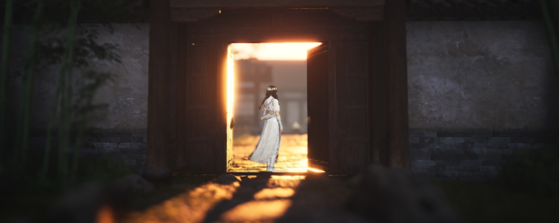 《燕云十六声》水之路径地牢实景截图：花瓣瀑布十字路口全景，飞溅水雾笼罩青石古道，远处可见贾德伍德庭院飞檐翘角