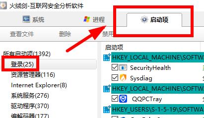 火绒剑工具界面截图，顶部菜单栏显示'启动项'，下方列表中'火绒安全软件'条目被高亮选中，右键菜单弹出'禁用'选项