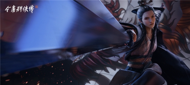 游戏角色周芷若立于竹林月下，素衣翩跹，手持倚天剑斜指地面，发丝与衣袂随风轻扬，背景隐约浮现八卦阵纹光影