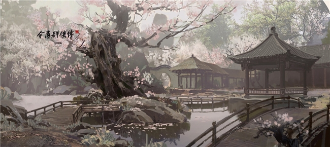 游戏场景氛围图：西域大漠黄昏，驼队剪影行于沙丘之巅，落日熔金洒满风蚀岩柱，远处隐约可见断壁残垣的古代驿站，苍凉壮阔感扑面而来