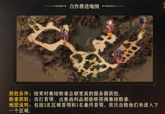 动态战斗场景：四名角色围攻悬浮巨眼Boss，地面浮现巨大符文阵，角色头顶实时显示伤害数值与勋章预估收益浮动条，右上角小地图标出附近三个未开启的同心宝库位置