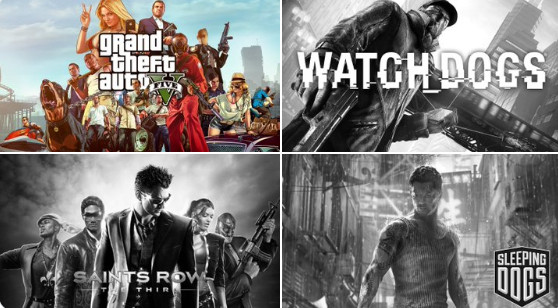 一张对比风格鲜明的游戏封面拼图：左侧是《GTA V》洛杉矶霓虹街景，中间是《看门狗》芝加哥监控界面UI，右侧是《黑道圣徒4》外星飞船撞毁白宫的荒诞画面，整体色调冷峻而富有时代隐喻