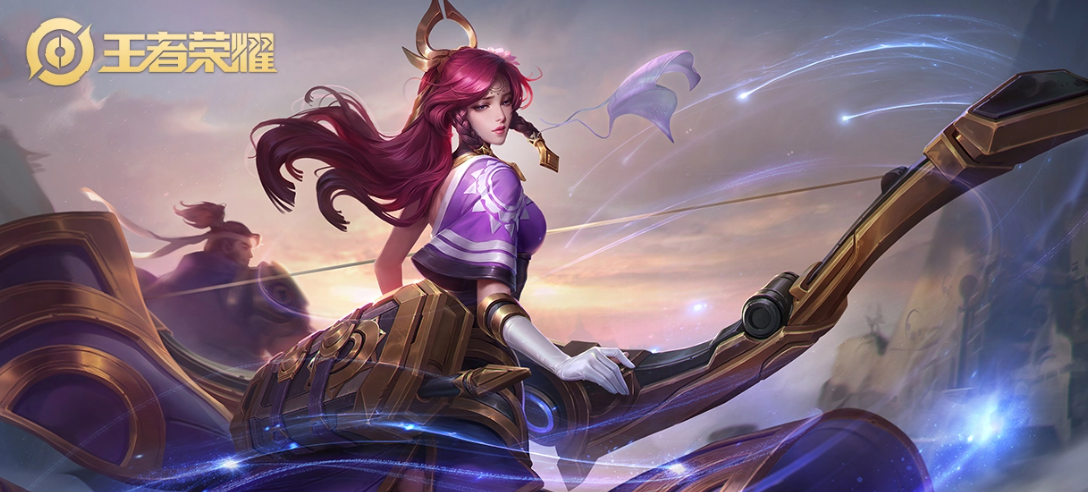 伽罗太华皮肤形象：银白长发飞扬，身披玄色云纹战甲，足踏华山云海，手中长弓泛起青金色光晕，背景隐约浮现山岳图腾