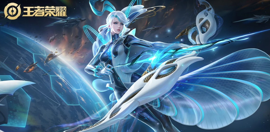 伽罗箭羽风息皮肤特写：现代都市夜景下，她身着蓝白渐变运动风装束，手持流线型复合弓，发梢与箭羽随风轻扬，眼神自信而温柔