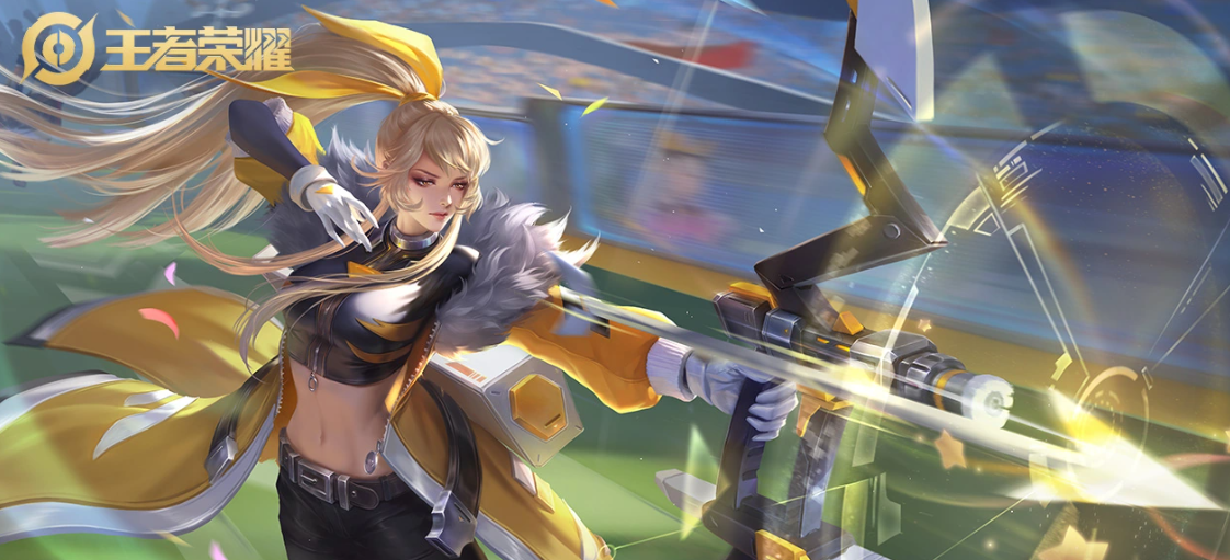 伽罗天狼溯光者皮肤概念图：赛博敦煌风格，她佩戴数据流面罩，弓身缠绕蓝色光缆，背景是旋转的星轨与残缺的古代碑文全息投影