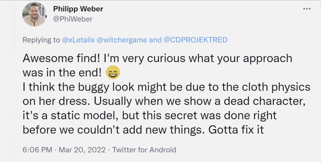 CDPR开发者推特截图：官方账号转发xLetalis视频，配文‘Time is the most ruthless narrator — and the most rewarding one. Thank you.’，背景可见巫师3LOGO与沙漏图标