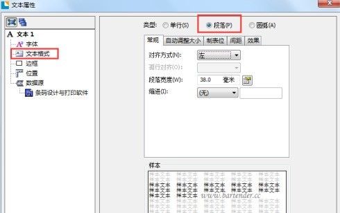 BarTender文本属性窗口特写：‘文本格式’选项卡被选中，‘类型’下拉框清晰显示‘段落’选项并已打勾