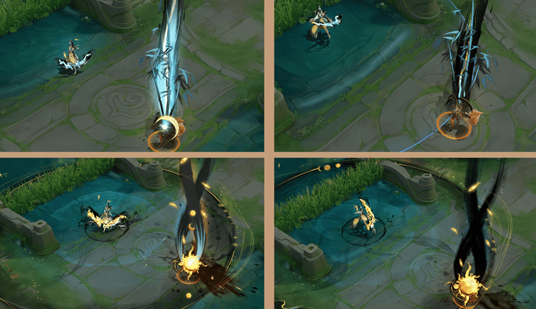 伽罗普攻暴击瞬间特写，画面中央弯月高悬，墨竹虚影自上而下压境，地面墨痕四散，竹叶箭矢穿透敌方角色并留下金色光晕