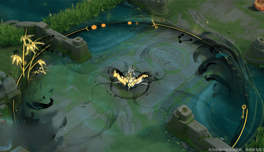 伽罗释放一技能动态截图，长弓正由弯月形态向金色太阳形态转化，脚下水墨法阵光芒大盛，金竹环绕，浪花翻涌，天空中日月双悬，光晕交织