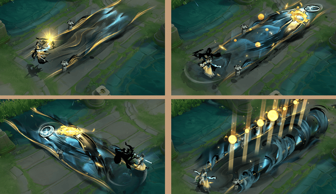 伽罗二技能释放过程截图，金银双色日月轮划破长空，轨迹拖曳水墨光带，前方敌人被命中瞬间，七颗星辰自天而降，两侧巨浪冲天而起，背景水墨山峦若隐若现