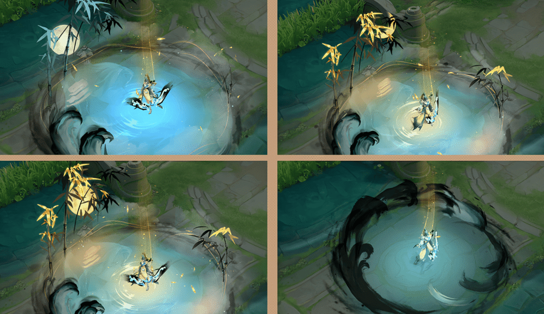 伽罗三技能释放效果全景图，圆形水墨法阵覆盖战场，中央水潭倒映神女侧影，左侧圆月升腾，右侧已化为金色太阳，竹影在光影中摇曳生姿