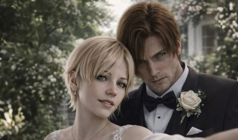 一张疑似游戏内过场画面的截图：里昂身着正装站在礼堂前，身旁是一位长发披肩、身着白色婚纱的女性侧影，背景模糊，未显示面部特征