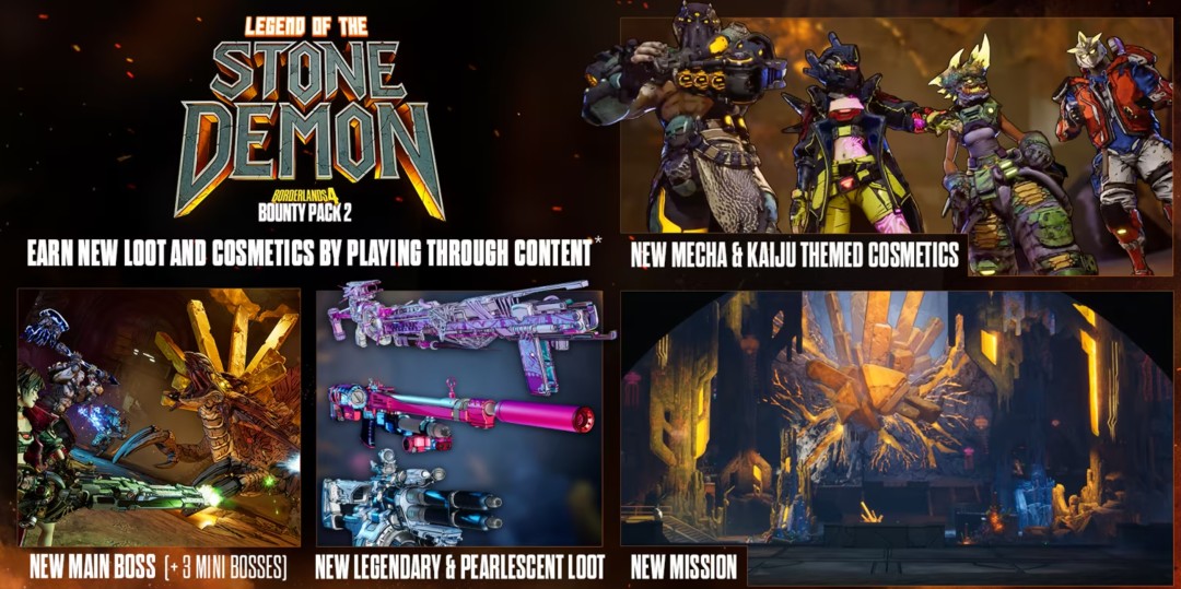 游戏内实机画面：秘藏猎人在坍塌矿道中跃起射击，前方巨型石魔挥舞结晶巨臂砸向地面，迸发环形冲击波，背景岩壁上可见发光的奥顿石脉络与古老符文刻痕