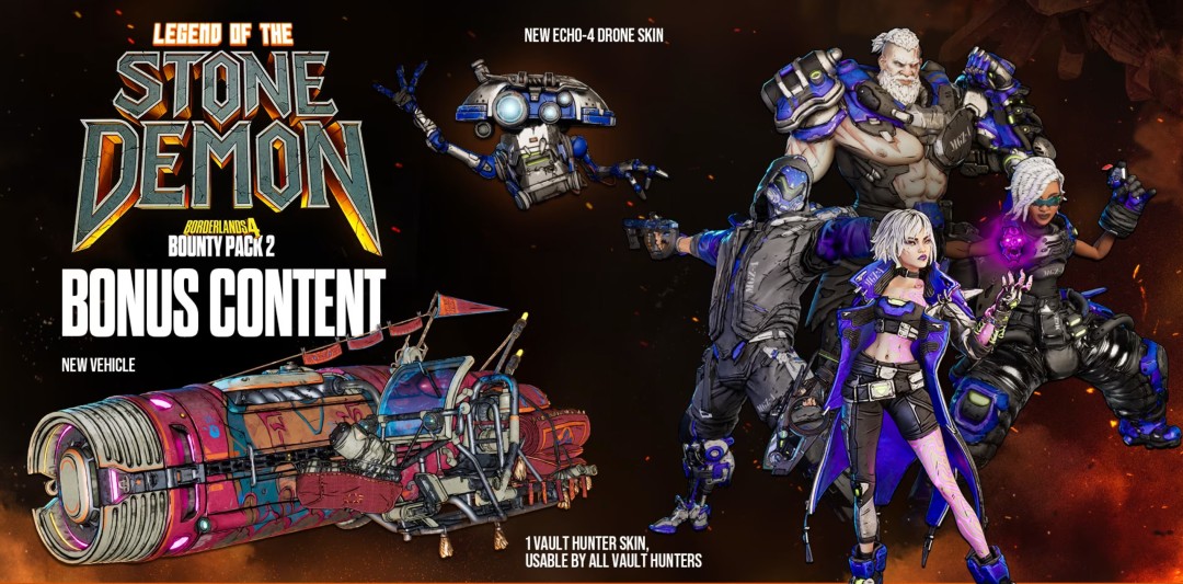 三款全新皮肤展示图：左为卡尔德主题秘藏猎人皮肤，身着破损动力装甲与发光石纹披风；中为履带式载具皮肤，覆盖岩晶装甲与脉动紫光引擎；右为ECHO-4无人机皮肤，机体镶嵌浮空奥顿石棱镜，投射全息符文投影