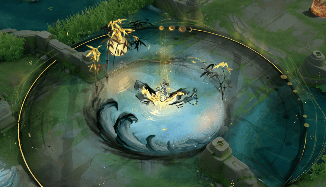 伽罗一技能与三技能同开特效：金色曜日弓与幽潭法阵共存，法阵中央悬浮一片泛着星辉的巨型竹叶，叶面隐约可见微缩日月轨迹与墨竹纹理