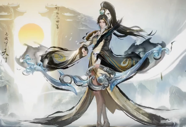 伽罗释放大招「沧流箭」特效演示动图：屏幕中央浮现巨型水墨圆月，随后金光撕裂夜幕，一轮旭日冉冉升起，背景竹影随光流转，箭雨如金竹枝叶般倾泻而下