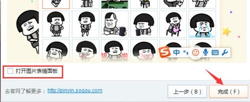 最终确认页界面，中央大按钮‘完成设置’呈脉冲光效，下方小字提示‘已启用图片表情面板，发送GIF仅需三连击空格键’