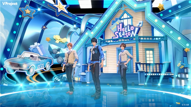 游戏内练习室实景截图：三位角色正在排练，3D空间纵深感强烈，地板反光映出人物剪影，窗外城市天际线虚化处理，凸显青春感与现代都市氛围