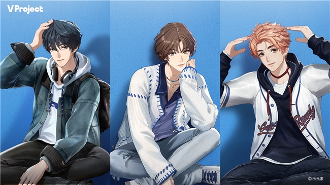 角色群像动态插画：三人并肩站在城市屋顶，脚下是流光溢彩的夜景，各自手持不同道具（吉他、平板、录音笔），衣摆与发丝在微风中扬起，构图充满故事张力与青春动感