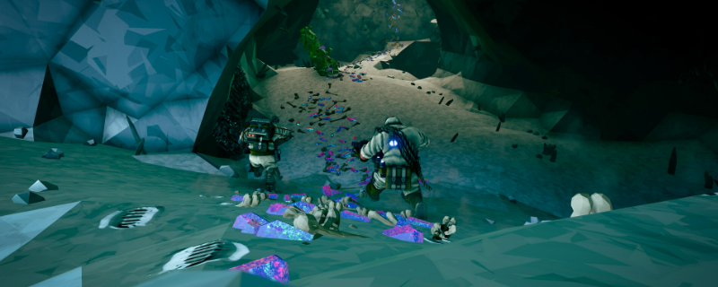 《深岩银河》工程兵在幽暗洞穴中架设悬浮金属平台，平台呈L形结构悬于岩壁前方，下方密密麻麻的紫色虫群正疯狂撞击岩壁却无法跃上