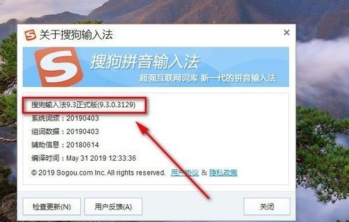 完整关于窗口界面，左侧为搜狗LOGO与slogan，右侧分栏显示版本号、发布日期、许可证信息及‘检查更新’按钮，整体布局简洁专业