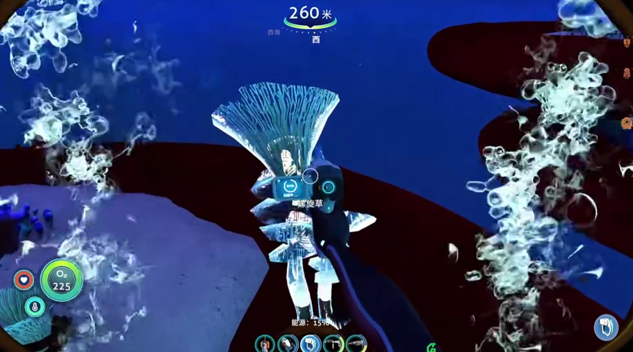 玩家视角俯视图：穿过花园水母半透明伞盖，进入其内部共生腔，四周岩壁垂落大量发光螺旋草，角色正持小刀采集