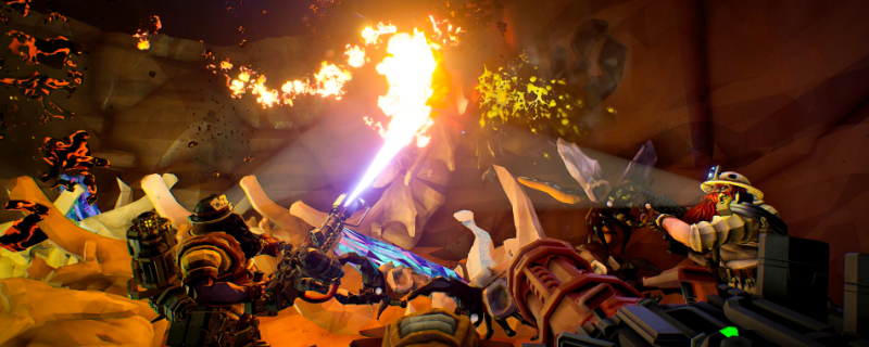 《深岩银河》游戏中无畏敌人特写画面：巨型甲壳虫型Boss矗立洞穴中央，周身泛着蓝白色能量护盾光效，背部炮台蓄能发亮