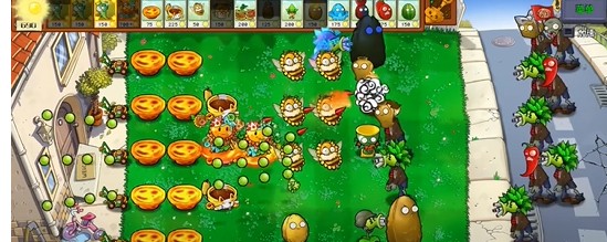 实战演示动图截图：净化辣椒释放瞬间，整行僵尸被蓝光笼罩并转化为向日葵、豌豆射手等植物，后排普通僵尸同步陷入火焰爆炸特效