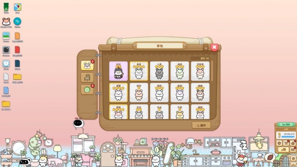 玩家自定义场景特写：暖黄色木质桌面中央矗立着手工风小风车，三只仓鼠分别挂在风车叶片上随风轻晃，尾巴微微摆动