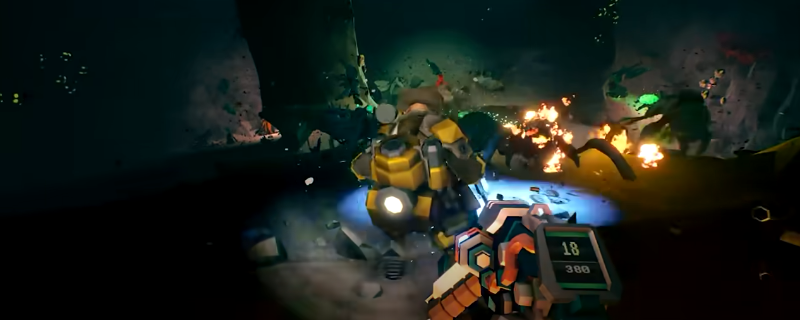 《深岩银河》游戏内实机画面：一块半嵌入岩壁的灰蓝色碑状矿物，表面流淌着微弱但清晰的幽蓝色荧光脉络，周围碎石泛起细密蓝点辉光