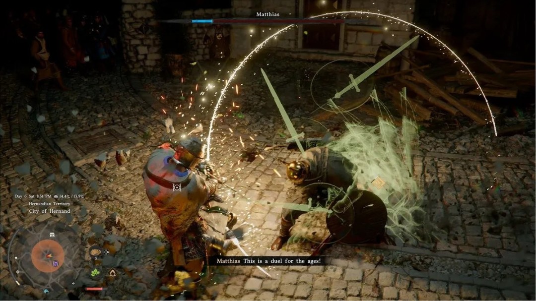 《红色沙漠》角色特写：主角身披风沙浸染的轻甲，手持可变形长枪，左眼嵌有发光古文明义眼，背景虚化处隐约可见正在坍塌的巨型齿轮神庙