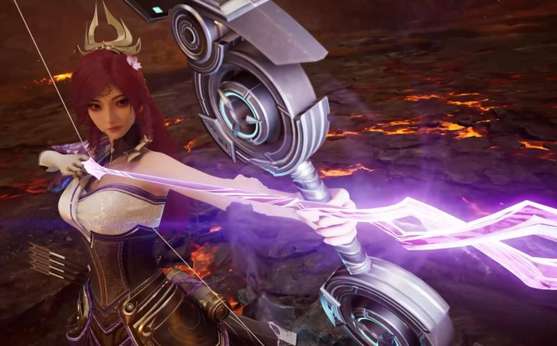 全景式场景图：伽罗立于重建中的千窟城新观星台顶端，脚下是正在复苏的典籍浮雕长廊，远处蚀光裂隙如伤疤般横亘天际，她仰首凝望，弓弦微振，一缕金光正刺向最深的黑暗