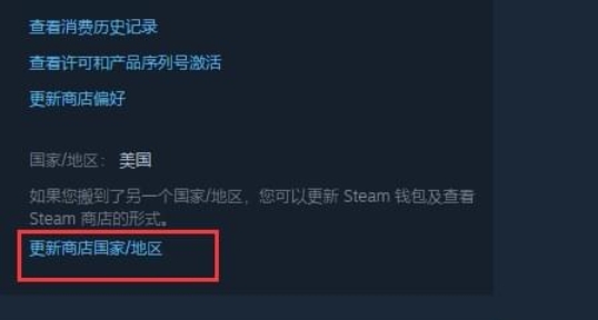 Steam账户明细页面局部截图，‘更新地区’按钮处于悬停状态，周围界面元素虚化突出操作焦点