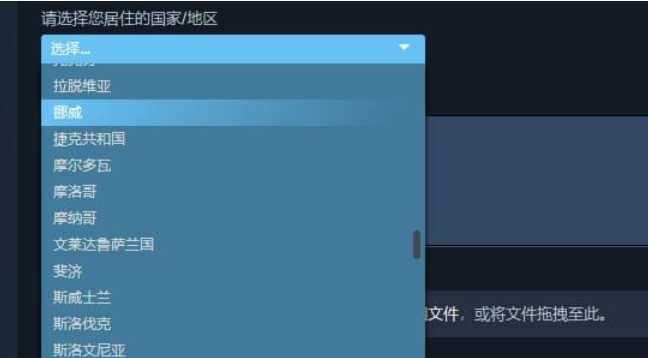 Steam地区选择页面完整视图，左侧为带搜索框的国家列表，右侧显示当前选中区域标识及国旗图标