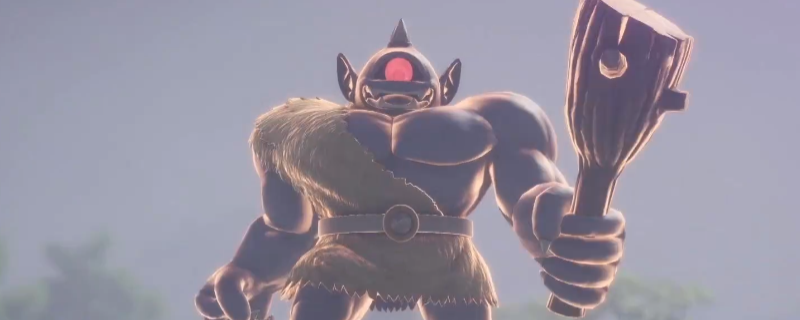 《勇者斗恶龙7：重制版》游戏内实机画面：荒芜山麓间，一名手持巨斧的独眼巨人强正怒吼冲锋，角色立于前方摆出防御姿态，背景可见拉布雷萨克标志性风车与碎石小径