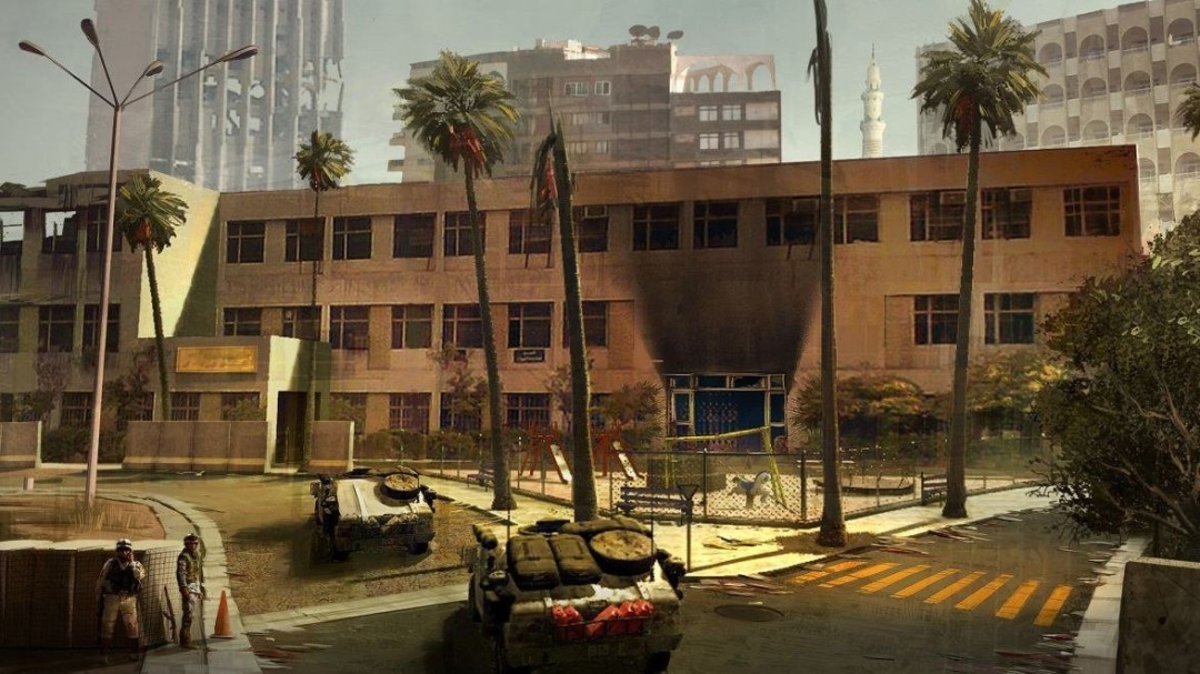 数字上色概念图：中东市集废墟全景，坍塌拱门下可见交火痕迹与烟尘轨迹，两辆翻覆军用吉普构成天然掩体，光影对比强烈