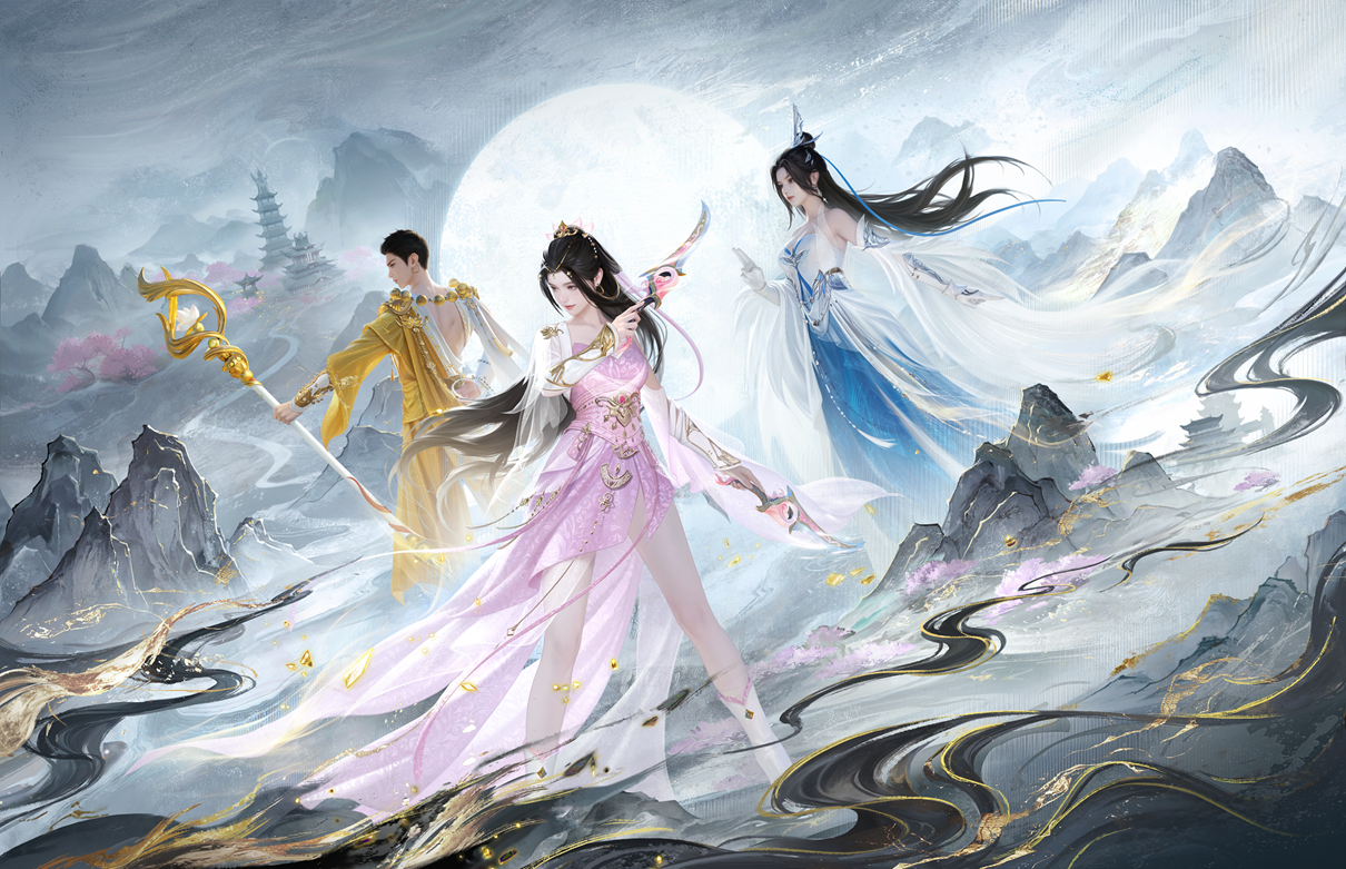 《梦幻新诛仙：轻享》主视觉海报：水墨山峦间御剑而行的仙侠角色，衣袂翻飞，剑光如虹，整体色调清雅灵动，尽显‘轻享’美学