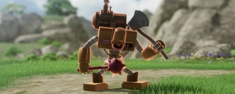 《勇者斗恶龙7：重制版》战斗界面特写：锈迹斑斑的机械士兵‘报废士兵强’正挥舞断裂长矛发动猛击，背景为圣风之谷标志性螺旋风车与灰蓝色天幕