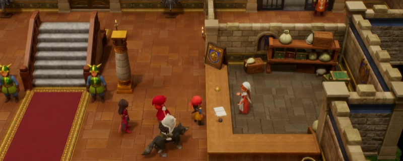 《勇者斗恶龙7：重制版》游戏内界面截图：古兰艾斯塔德城石砌广场一角，左侧可见带有徽章图标的木质兑换柜台，NPC正手持发光徽章示意，背景飘浮着半透明金属史莱姆剪影特效