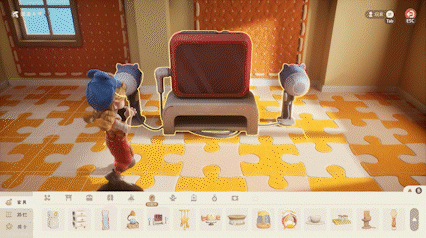 GIF动图：镜头俯拍桌面，一只小人灵巧地将牙刷柄插入乐高底板，再套上彩色软胶套，眨眼间组装出一架可旋转的迷你滑梯，周围散落剪刀、胶水与彩纸等DIY工具