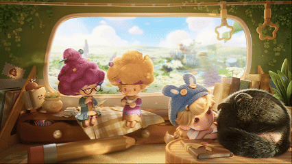 GIF动图：列车行进视角，窗外是连绵起伏的雏菊花田与远山，车窗玻璃映出小人侧影与车内暖黄灯光，镜头缓缓推进至窗台，一只乌帕正裹着小毯酣睡，睫毛微微颤动